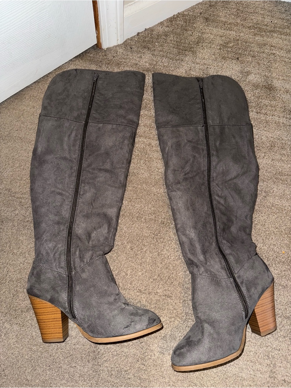 Gray Suede Knee-High Heeled Boots